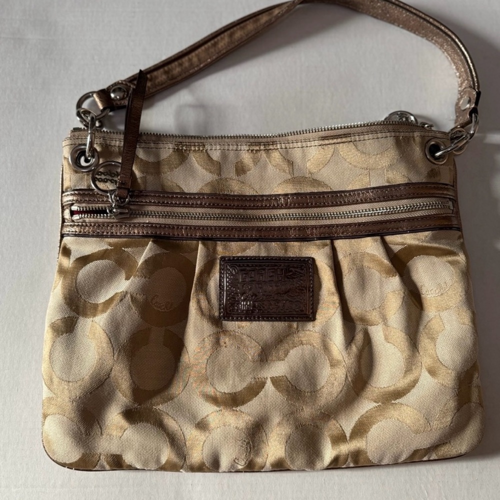 Coach Poppy Signature Tan Shoulder Bag Metallic Trim and Red Satin Lining